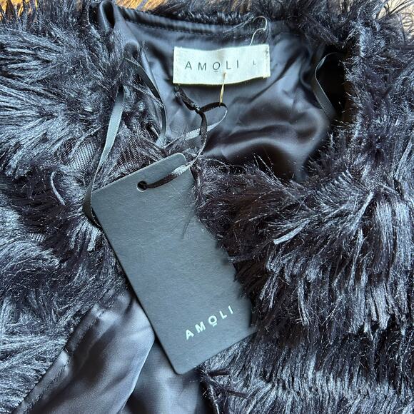 Amoli Faux Fur Coat Fuzzy Fringe Dressy Cardigan Jacket Bolero Black NEW Size L - Picture 4 of 9